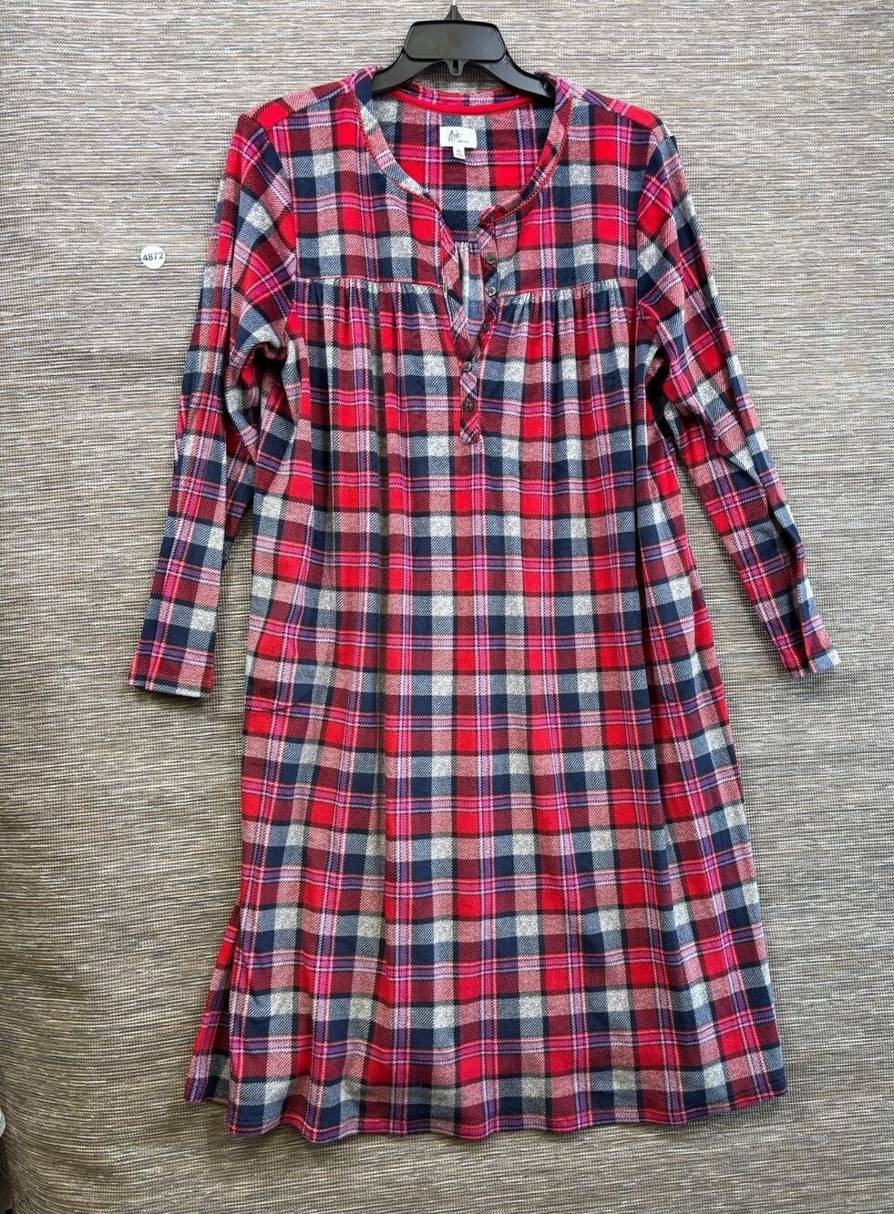 Aria Collection Sleepshirt Womens XL Red Plaid Flannel Henley 3/4 Sleeve Soft